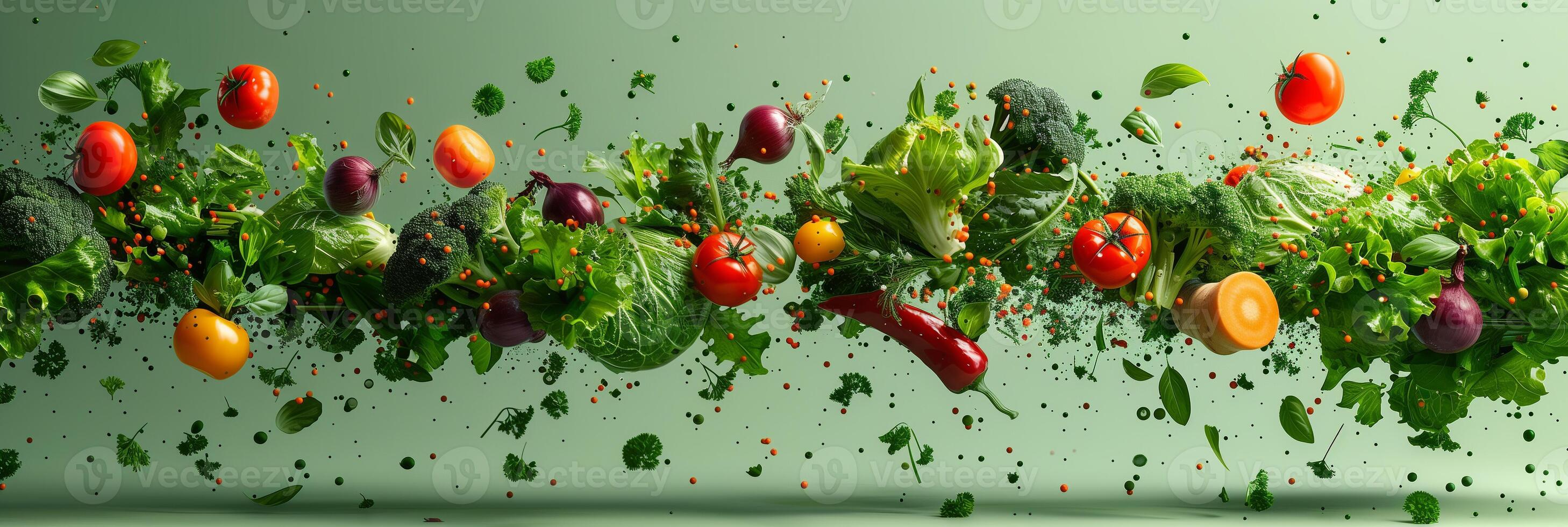 Hyper-realistic photo of vegetables flying in air on green background, high quality, monotone green, beautiful, photography