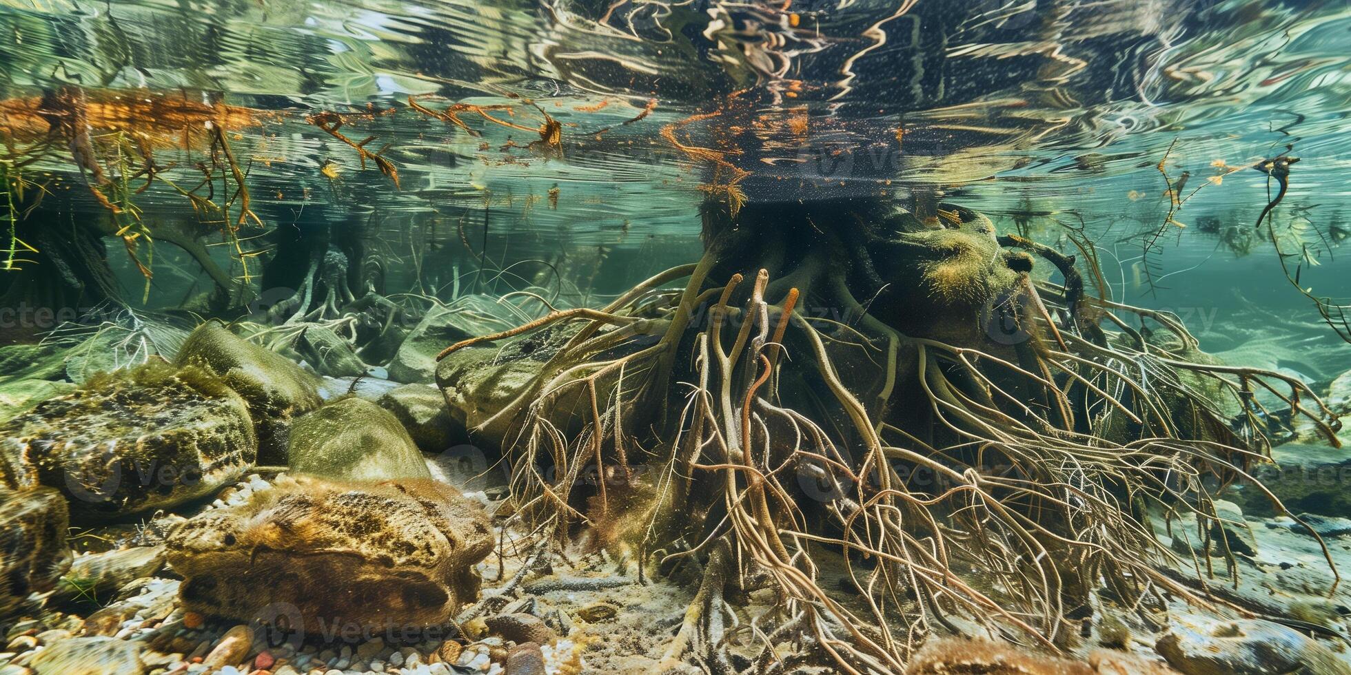 Dense, tangled roots spreading across substrate in clear aquatic habitat, photorealistic photo