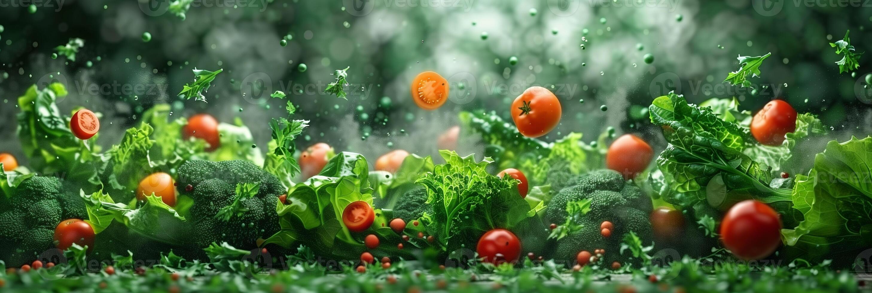 Hyper-realistic photo of vegetables flying in air on green background, high quality, monotone green, beautiful, picture