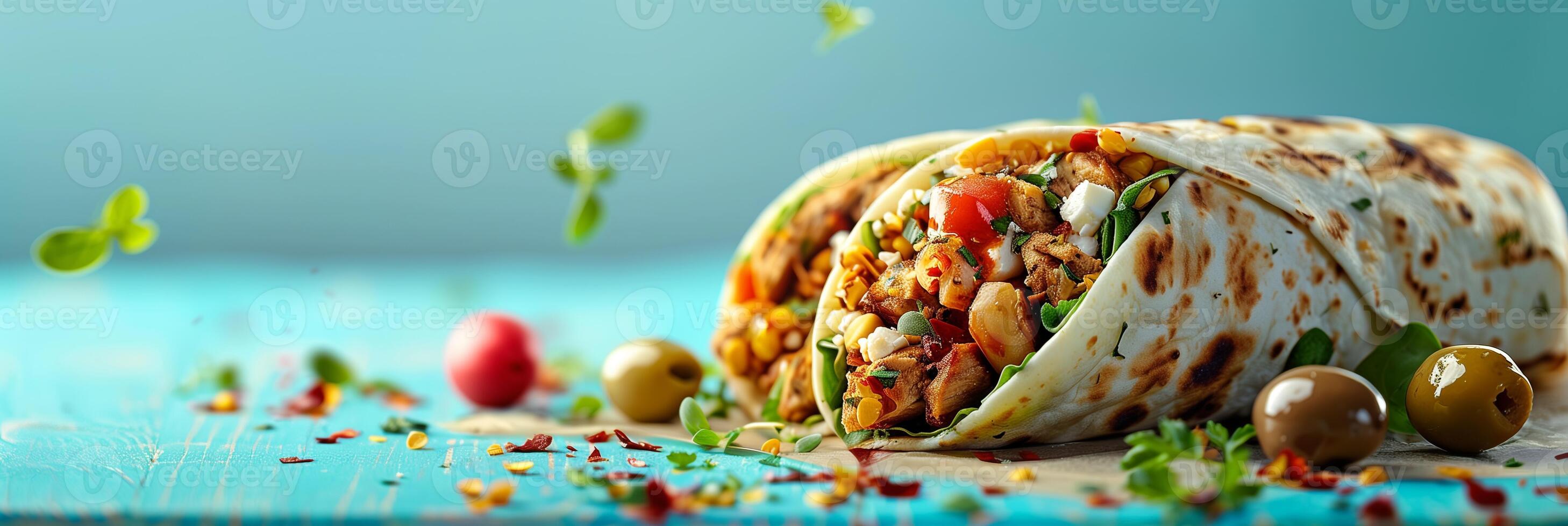 Shawarma with feta cheese and olives on a plain blue background, with flying olives, photography photo