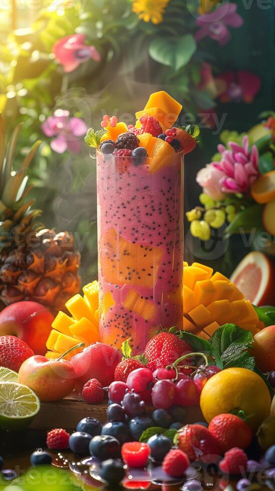 Vivid and appetizing photograph capturing a healthy lifestyle through a freshly made fruit smoothie on a beautifully arranged table, surrounded by fresh fruits, photography photo