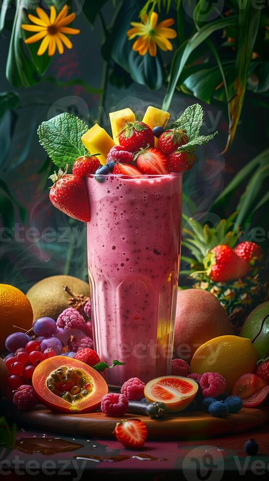 Vivid and appetizing photograph capturing a healthy lifestyle through a freshly made fruit smoothie on a beautifully arranged table, surrounded by fresh fruits, photo