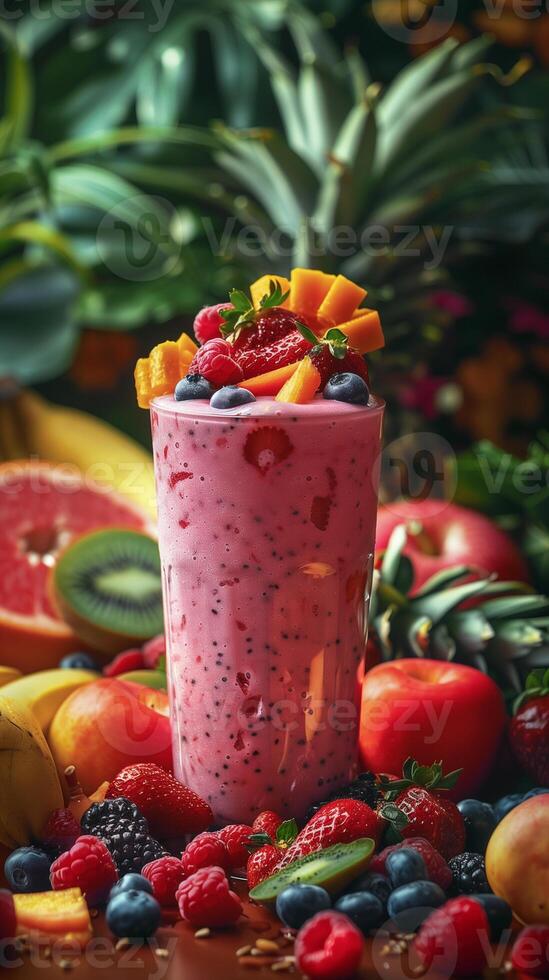 Vivid and appetizing photograph capturing a healthy lifestyle through a freshly made fruit smoothie on a beautifully arranged table, surrounded by fresh fruits, photorealistic photo