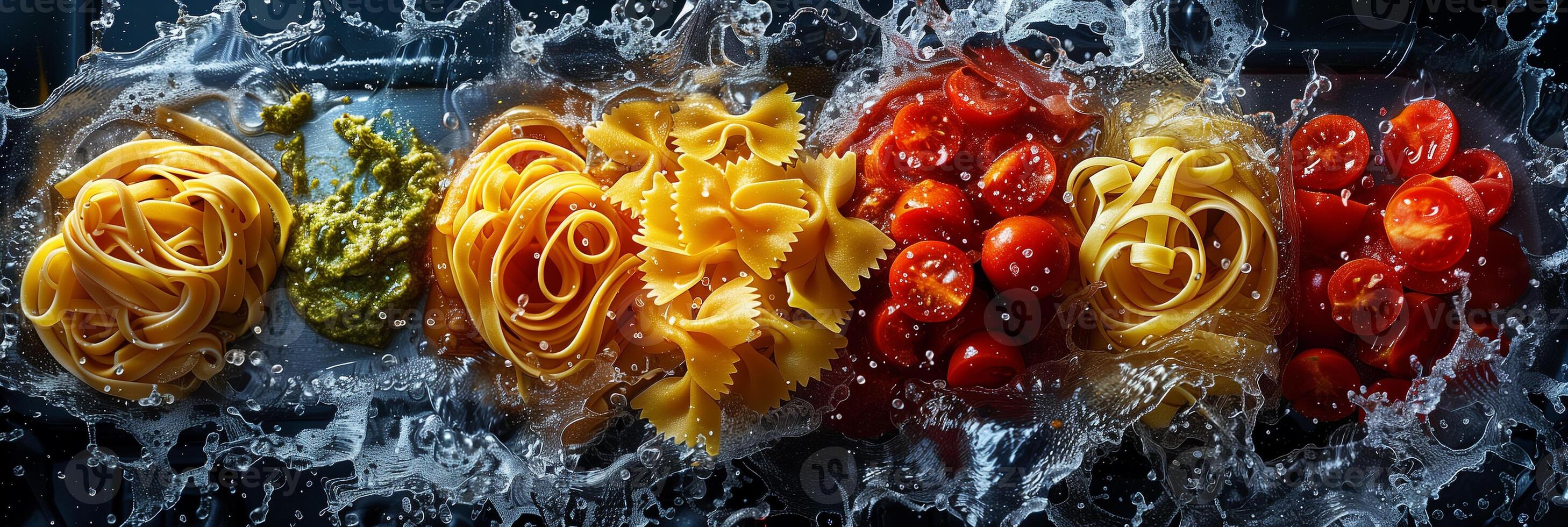 Wok on a stove filled with various types of pasta and sauces, chaotic and dynamic composition, picture photo