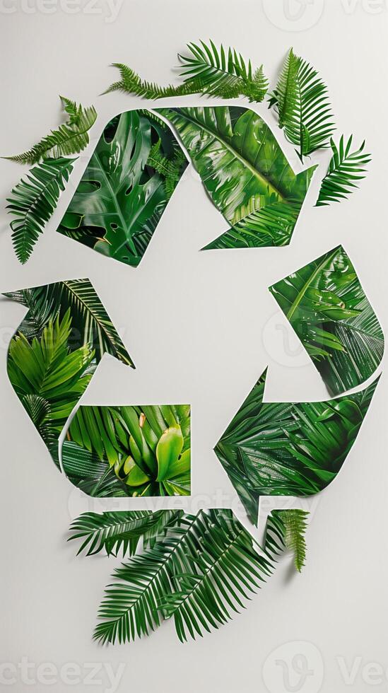 Recycle logo made with palm tree leaves, photography photo