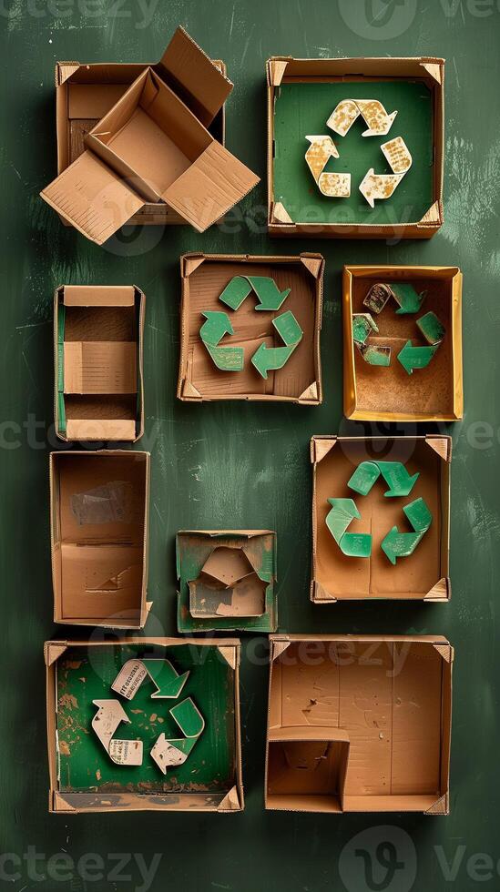 Recycling symbol made from carton boxes on a solid green background with copy space, photorealistic photo