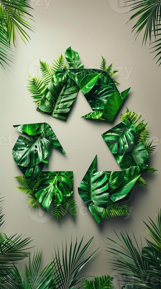 Recycle logo made with palm tree leaves, photorealistic photo