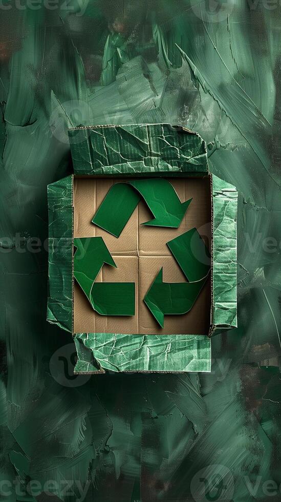 Recycling symbol made from carton boxes on a solid green background with copy space, photo