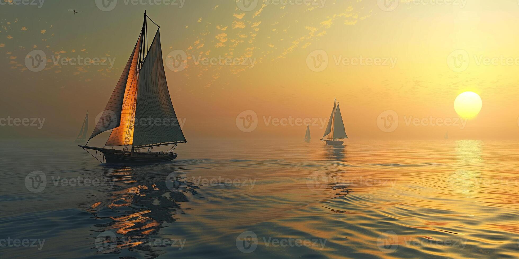 Sailboats dot calm sea, sails catching last light of setting sun, picture photo