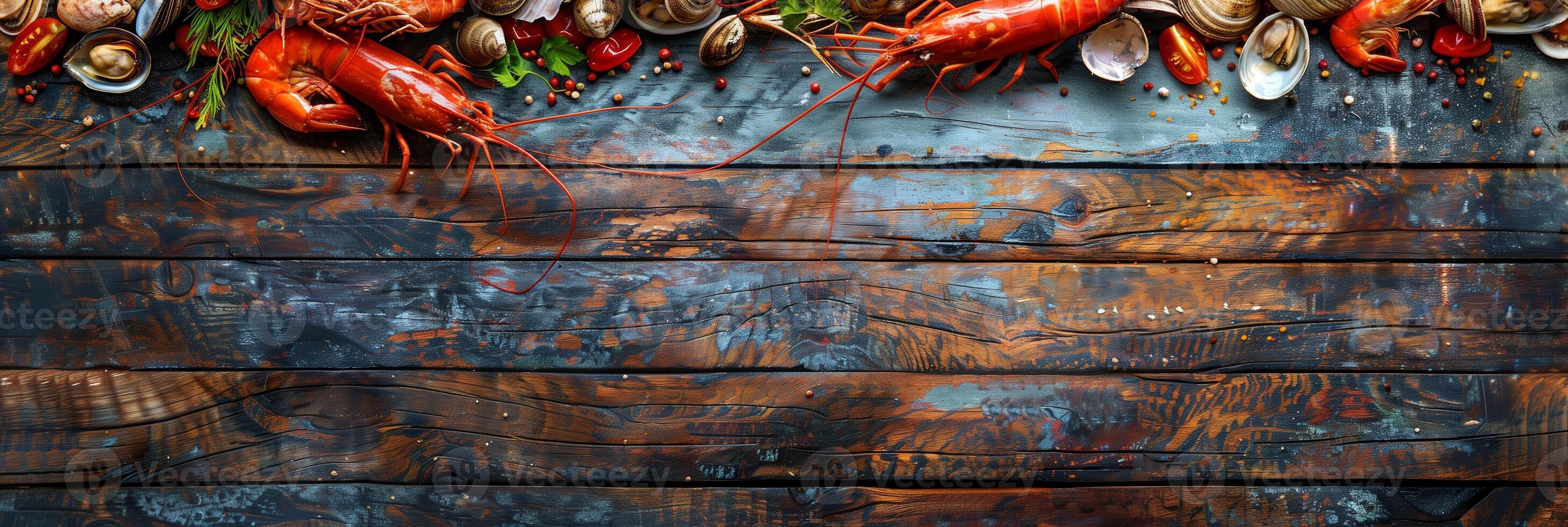 Seafood on an old wooden table, blank space, top view, high resolution, picture photo