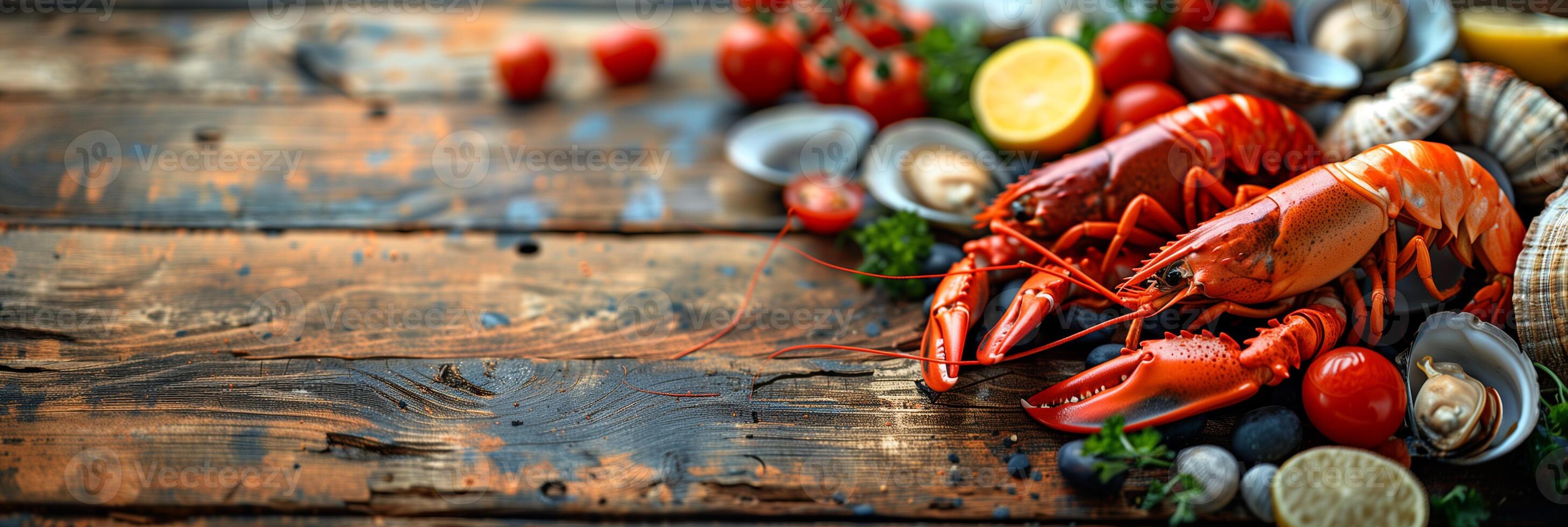 Seafood on an old wooden table, blank space, top view, high resolution, photorealistic photo