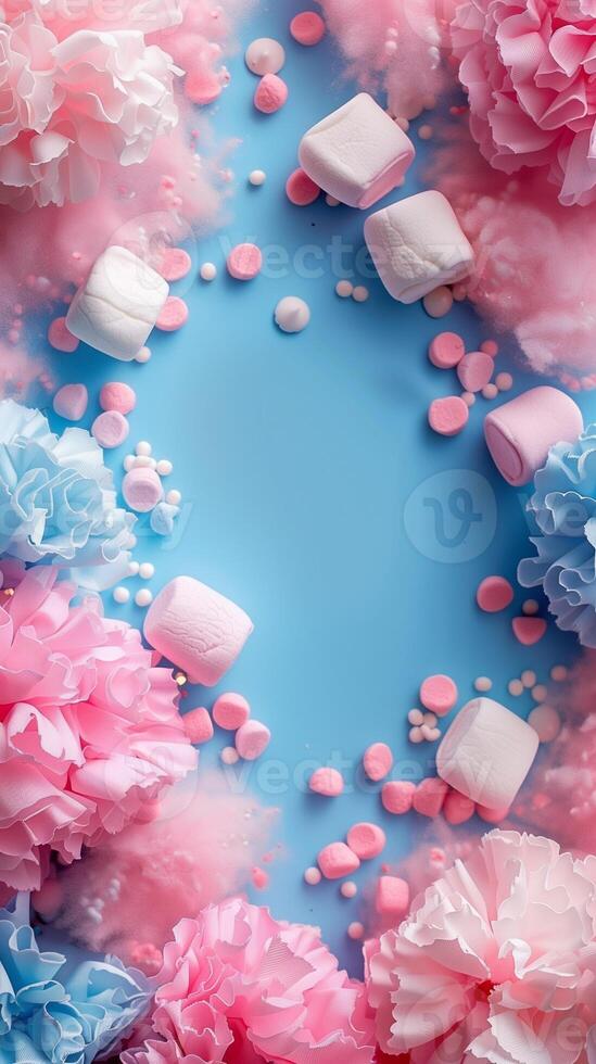 Pastel-colored, fluffy background with marshmallow texture, monochrome with slight details on the sides and an empty center, photography photo