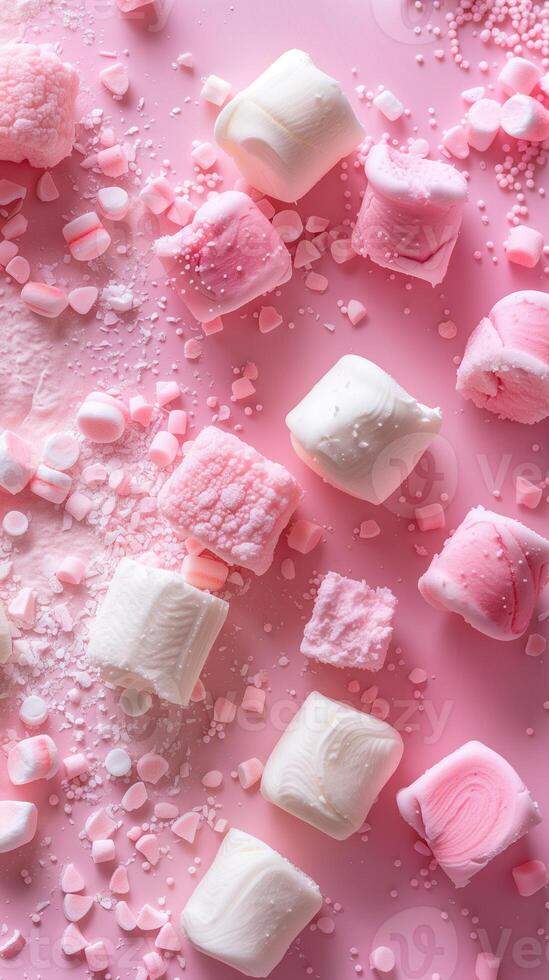 Pastel-colored, fluffy background with marshmallow texture, monochrome with slight details on the sides and an empty center, photorealistic photo