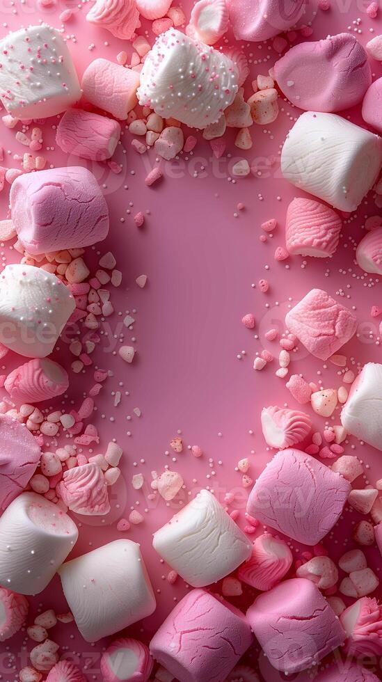 Pastel-colored, fluffy background with marshmallow texture, monochrome with slight details on the sides and an empty center, photo