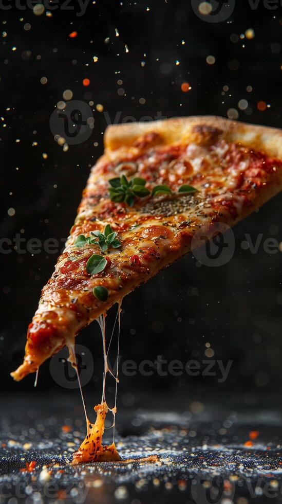 Floating pizza slice with oregano leaf, black background, photography photo