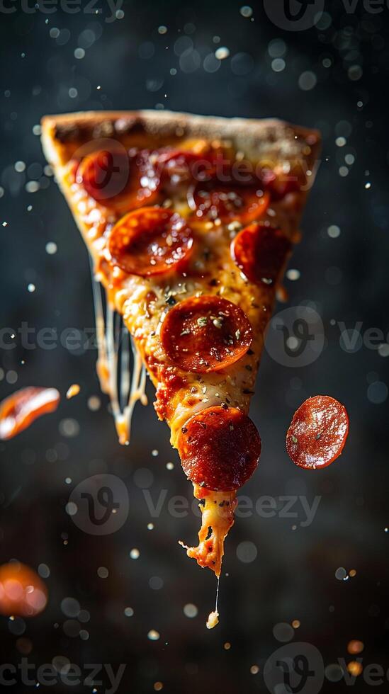 Flying pepperoni pizza slice, dark background, bright lighting, photography photo