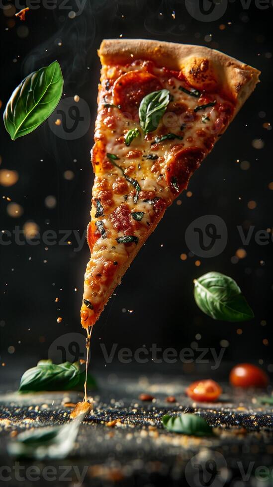Floating pizza slice with oregano leaf, black background, photo