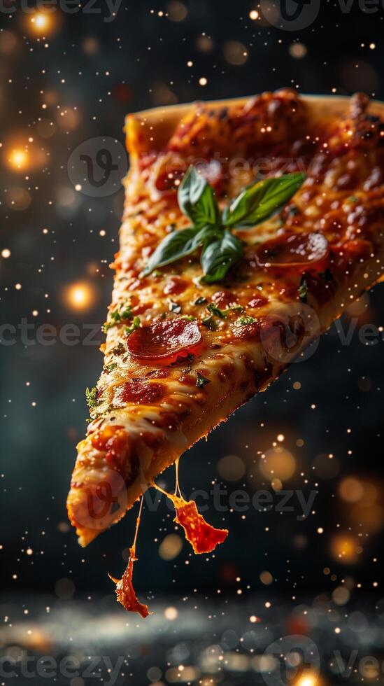Floating pizza slice with oregano leaf, black background, photorealistic photo