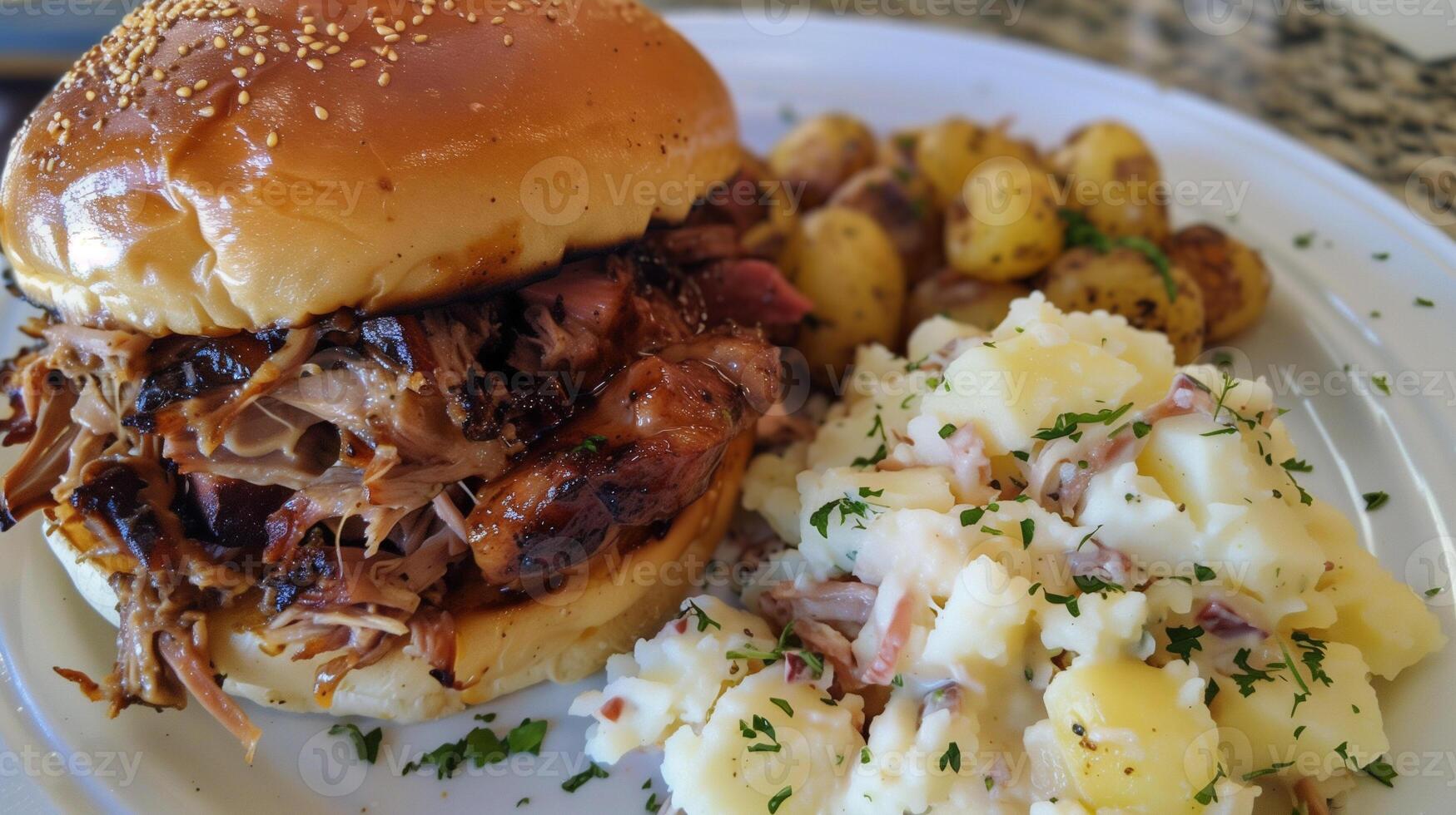 Smoky and tender pulled pork on toasted bun with homemade potato salad, picture photo