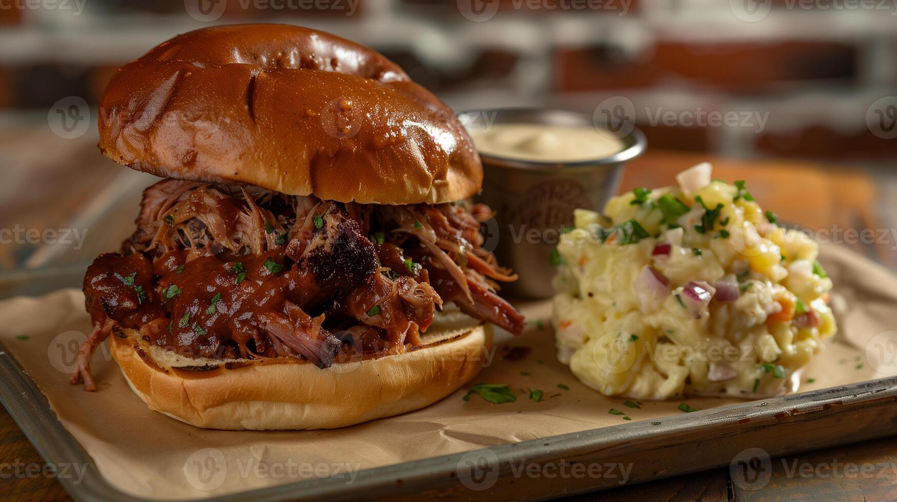 Smoky and tender pulled pork on toasted bun with homemade potato salad, photography photo