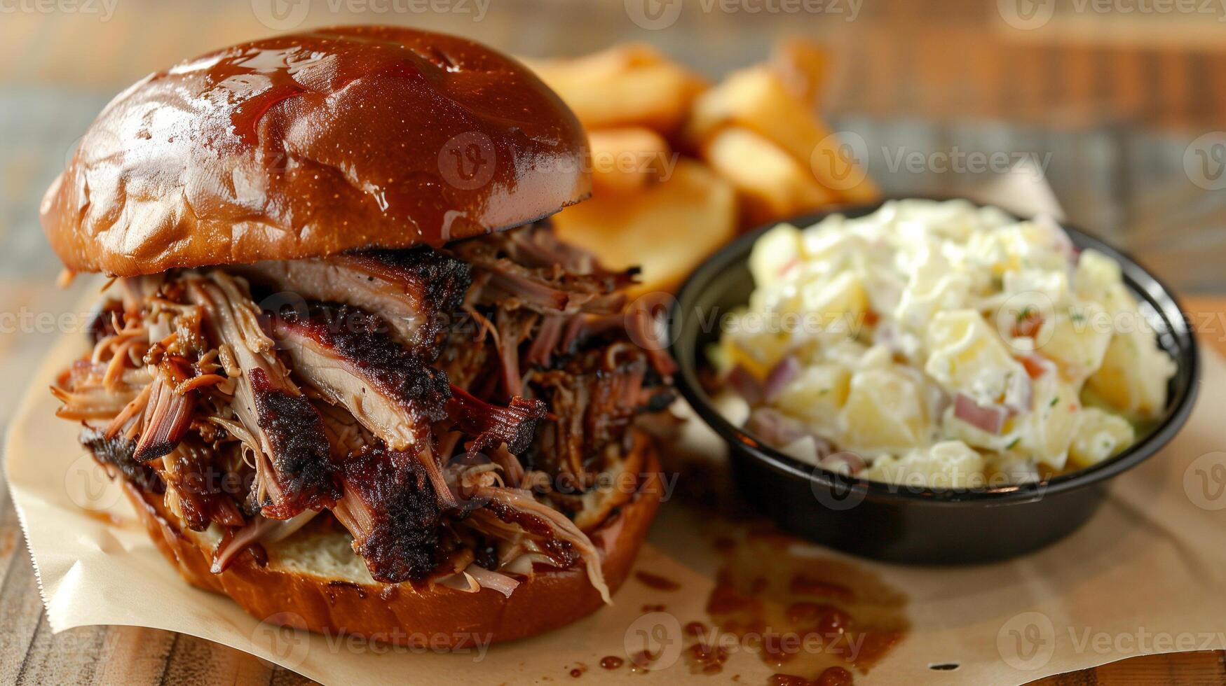 Smoky and tender pulled pork on toasted bun with homemade potato salad, photo