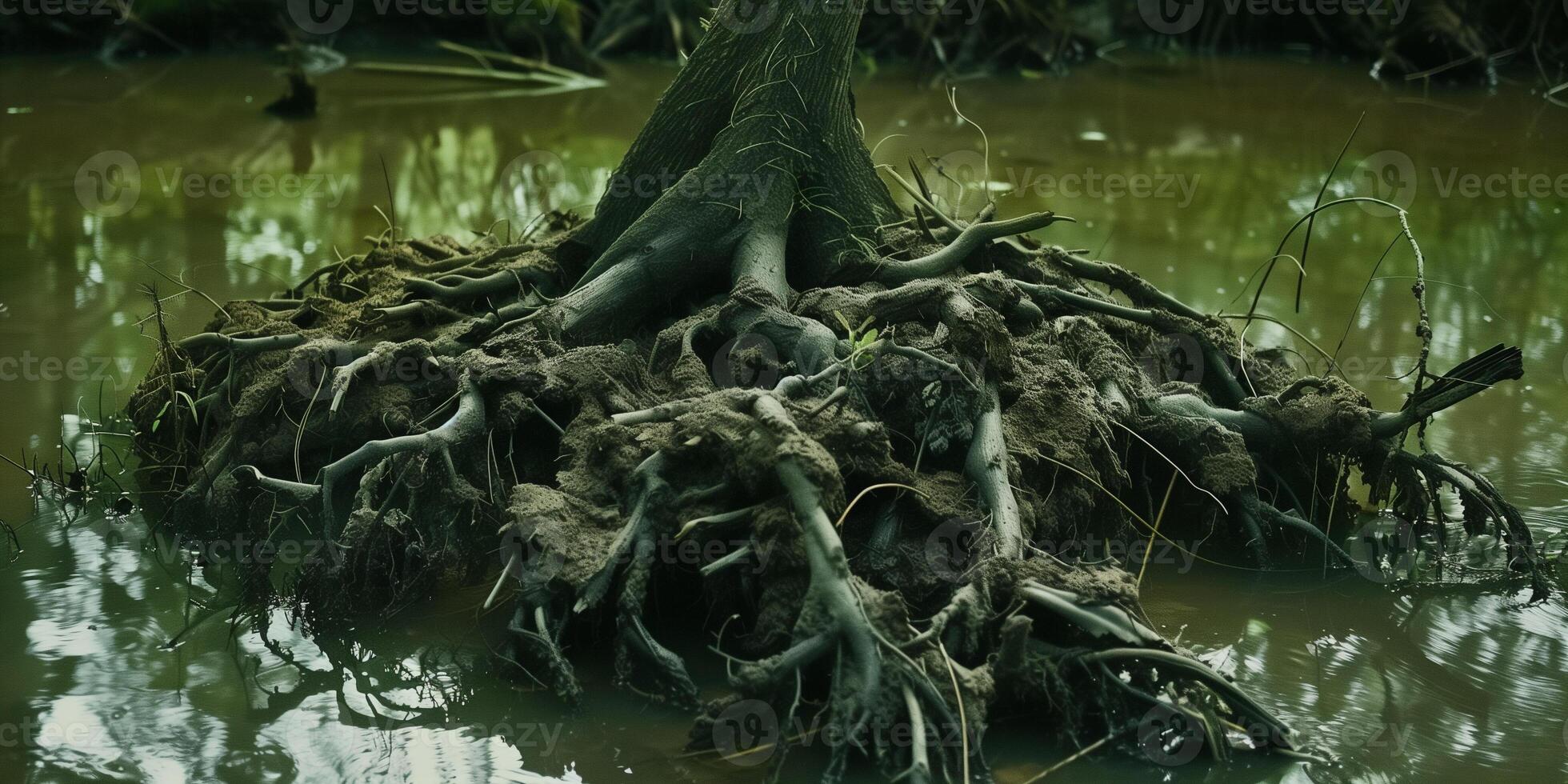 Tangled mass of aquatic plant roots anchored in muddy riverbed soil, photo
