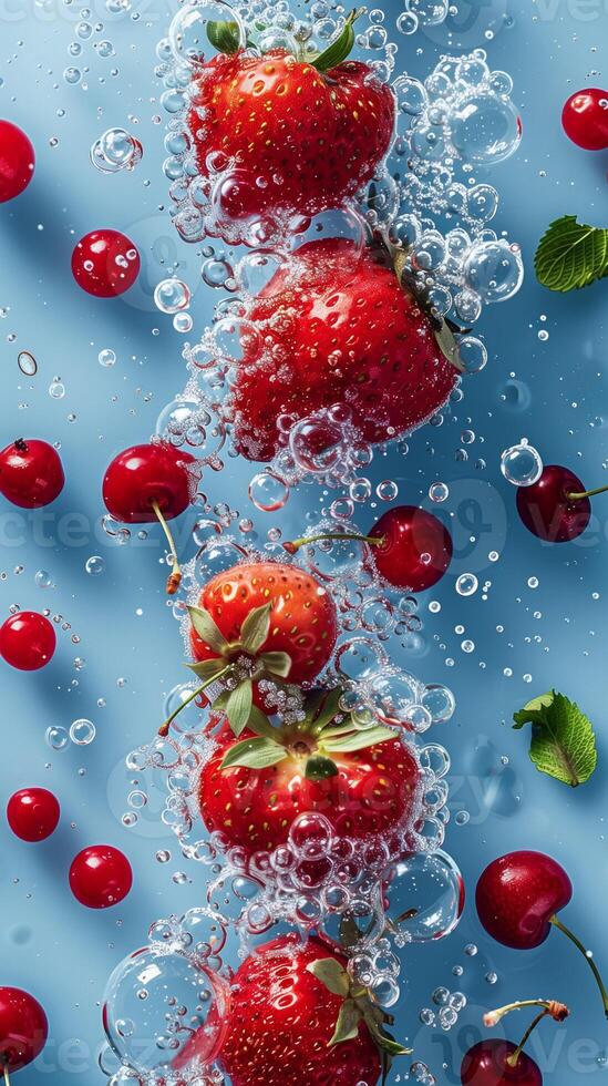Strawberries and cherries underwater with bubbles and splashes, photorealistic photo