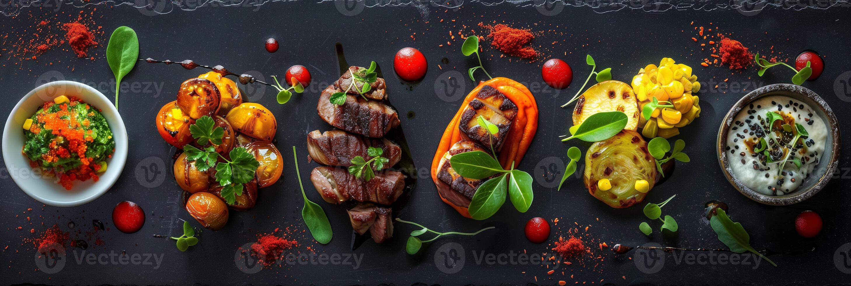 South African food flatlay with dramatic lighting and bold shapes on a black textured background, photorealistic photo