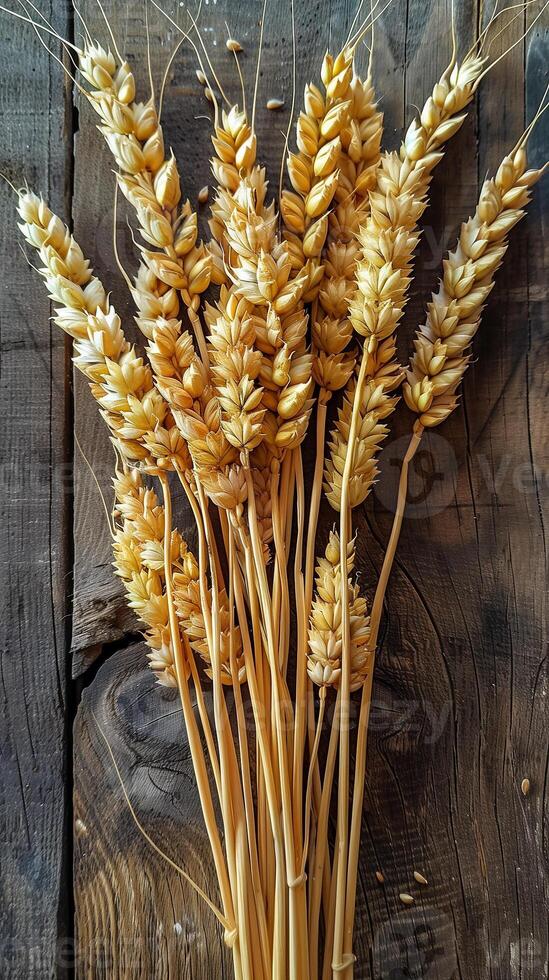 Wheat on a wooden table, top view, photography photo