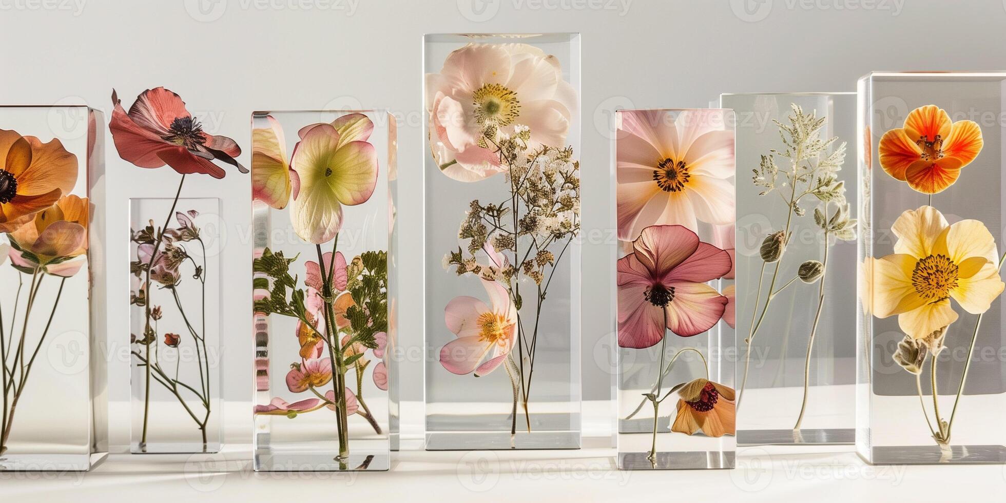 Studio shot of pressed flowers encased in acrylic blocks, highlighting transparency, picture photo
