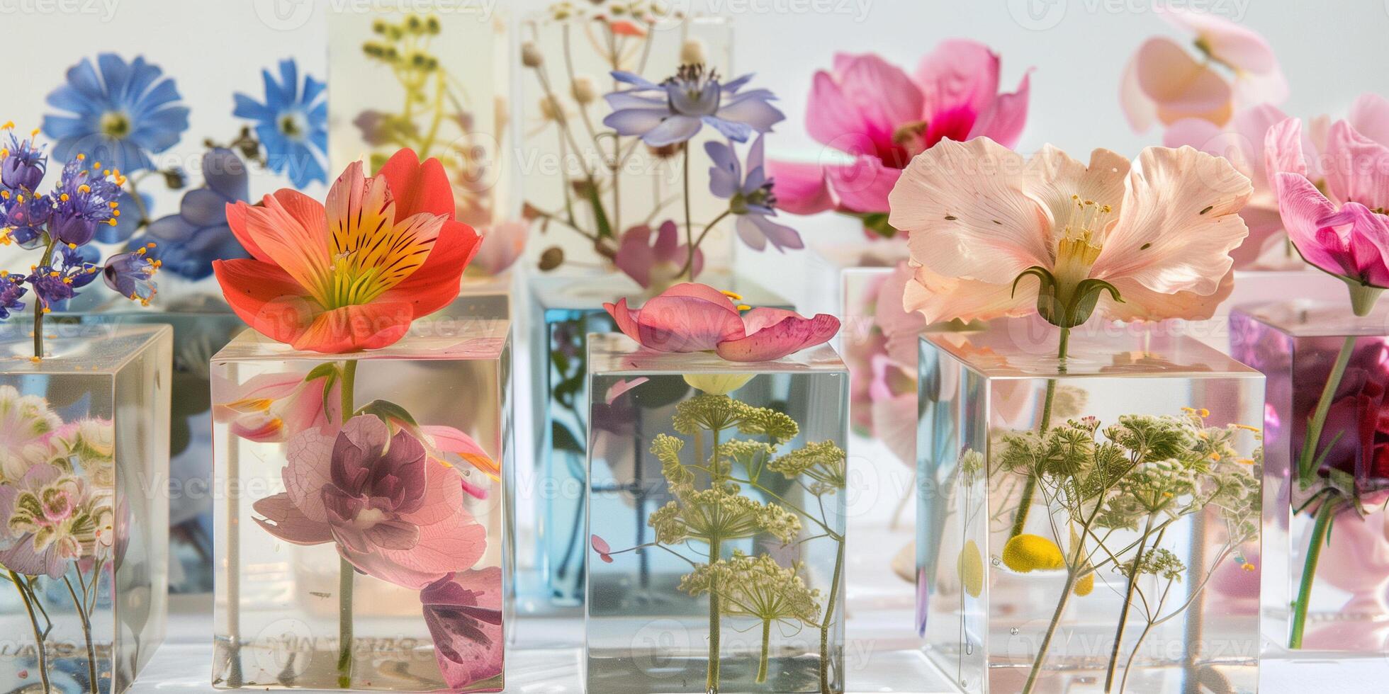 Studio shot of pressed flowers encased in acrylic blocks, highlighting transparency, photorealistic photo