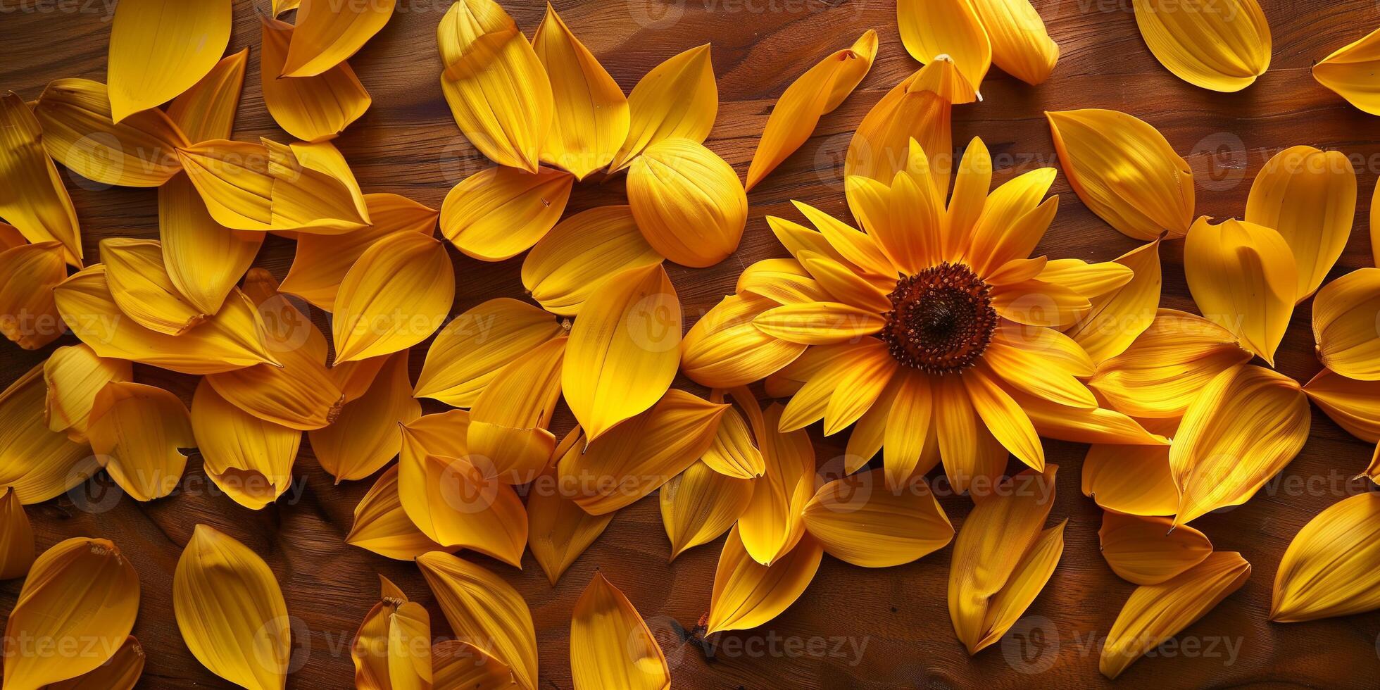 Sunflower petals on a polished oak table, picture photo