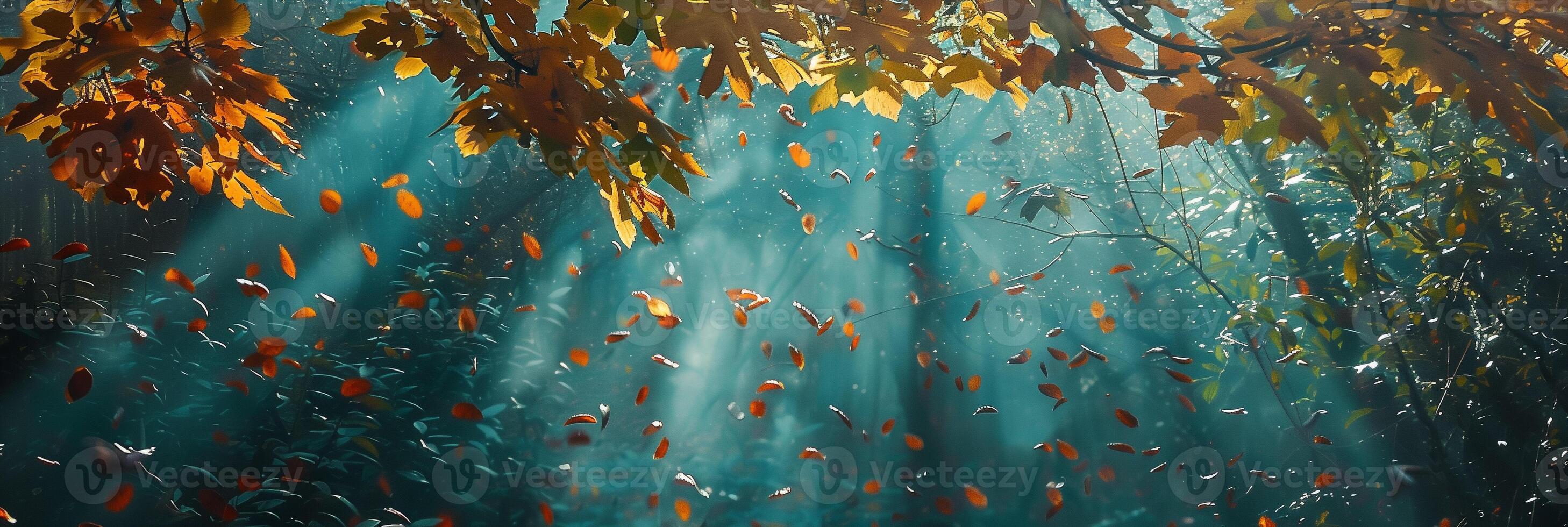 Sunlight streaming through autumn leaves in a peaceful forest, photorealistic photo