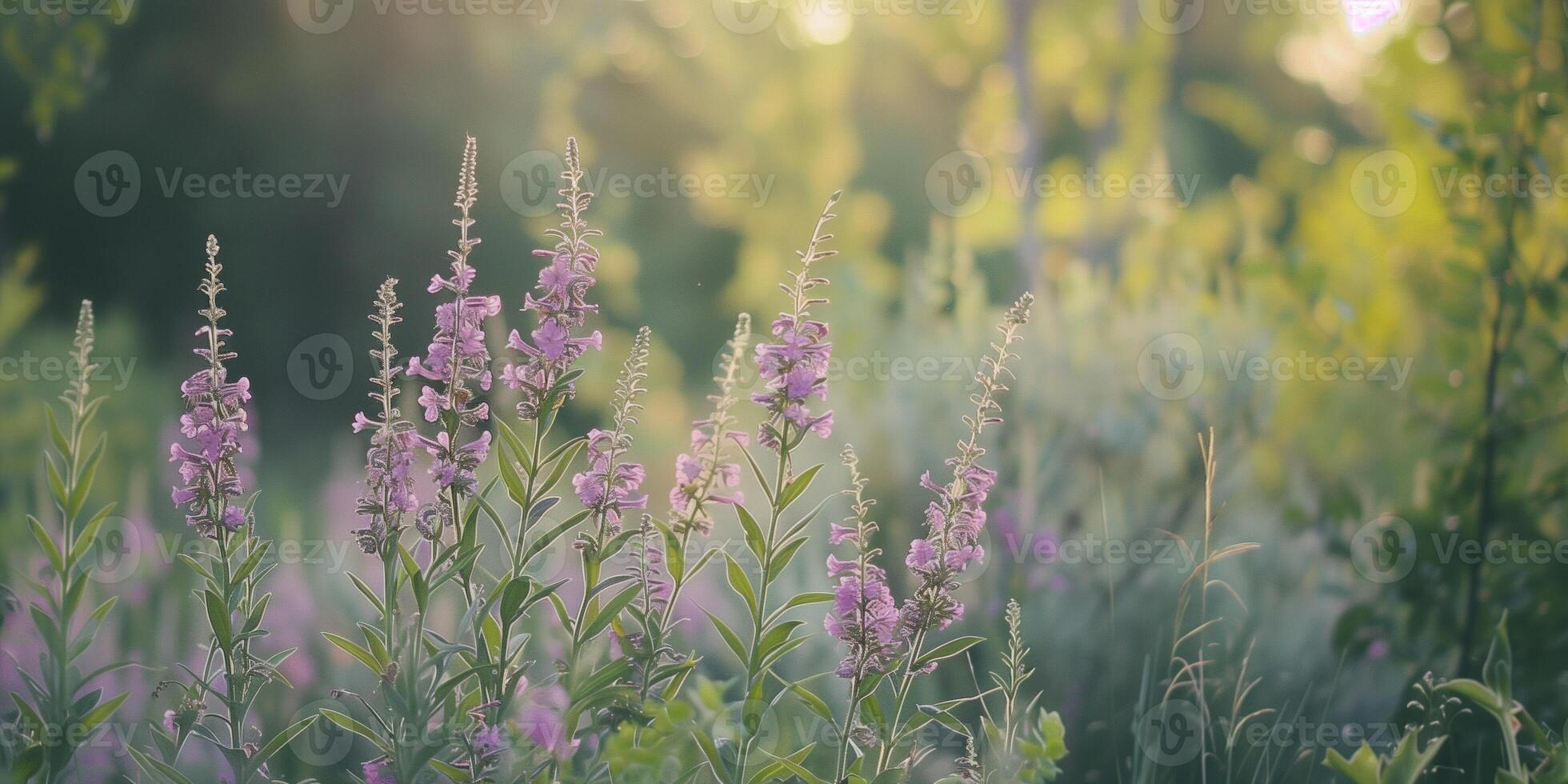 Tall purple wildflowers swaying gently in the breeze against a backdrop of verdant shrubs and trees, photo