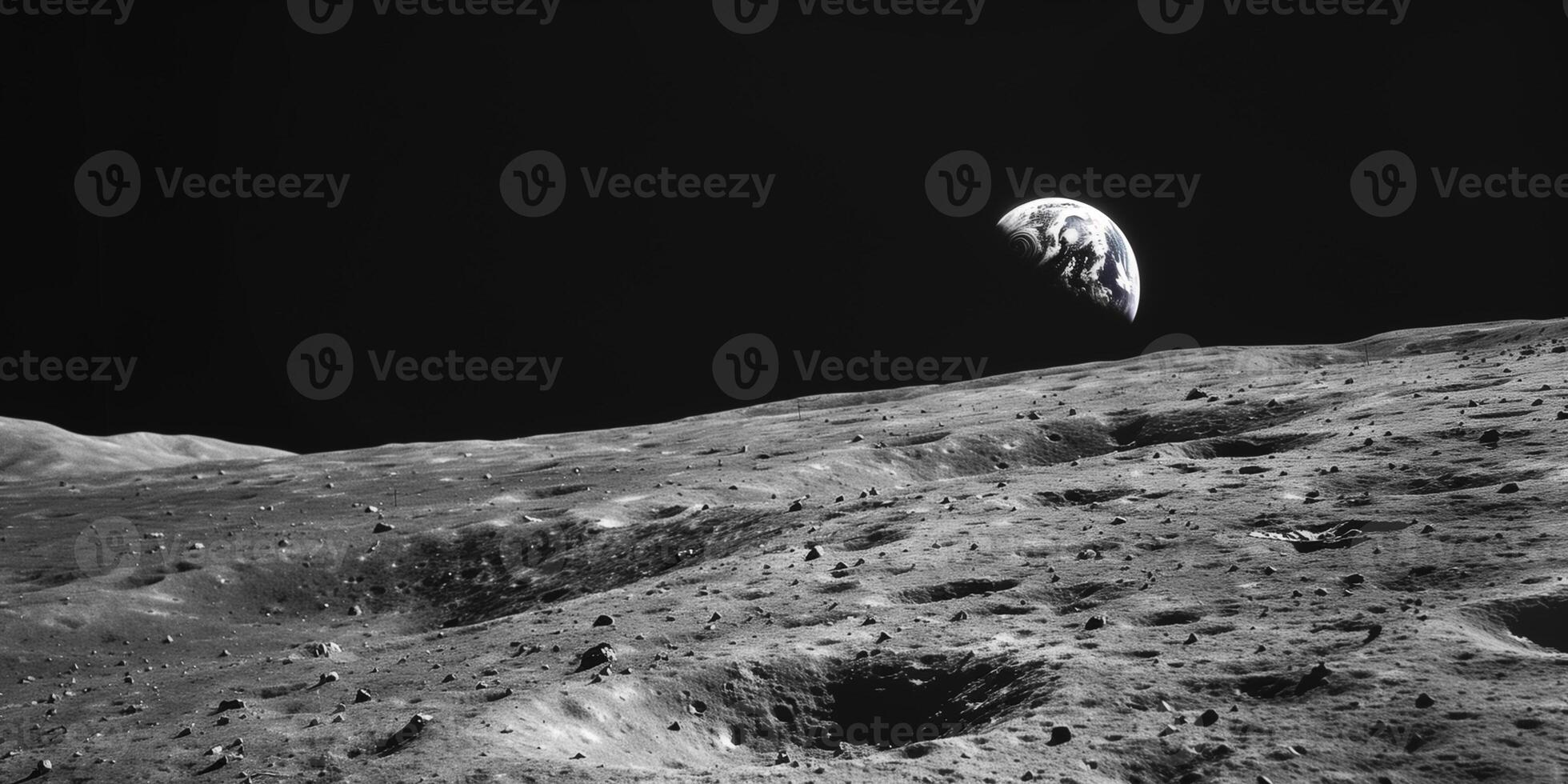 Barren, cratered surface of the Moon with Earth rising in the background, photorealistic photo
