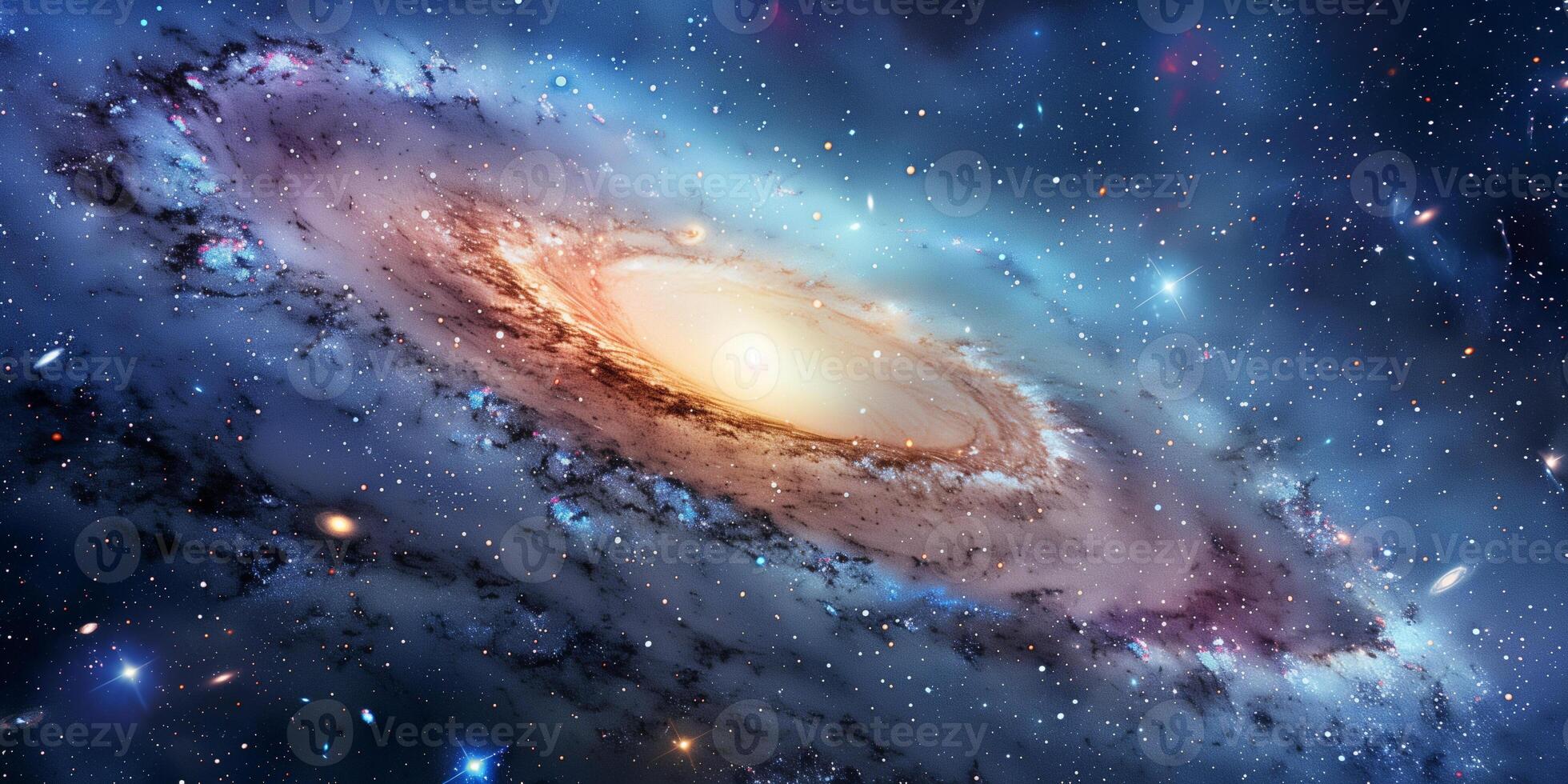 Andromeda Galaxy with bright central bulge and spiraling arms, photorealistic photo
