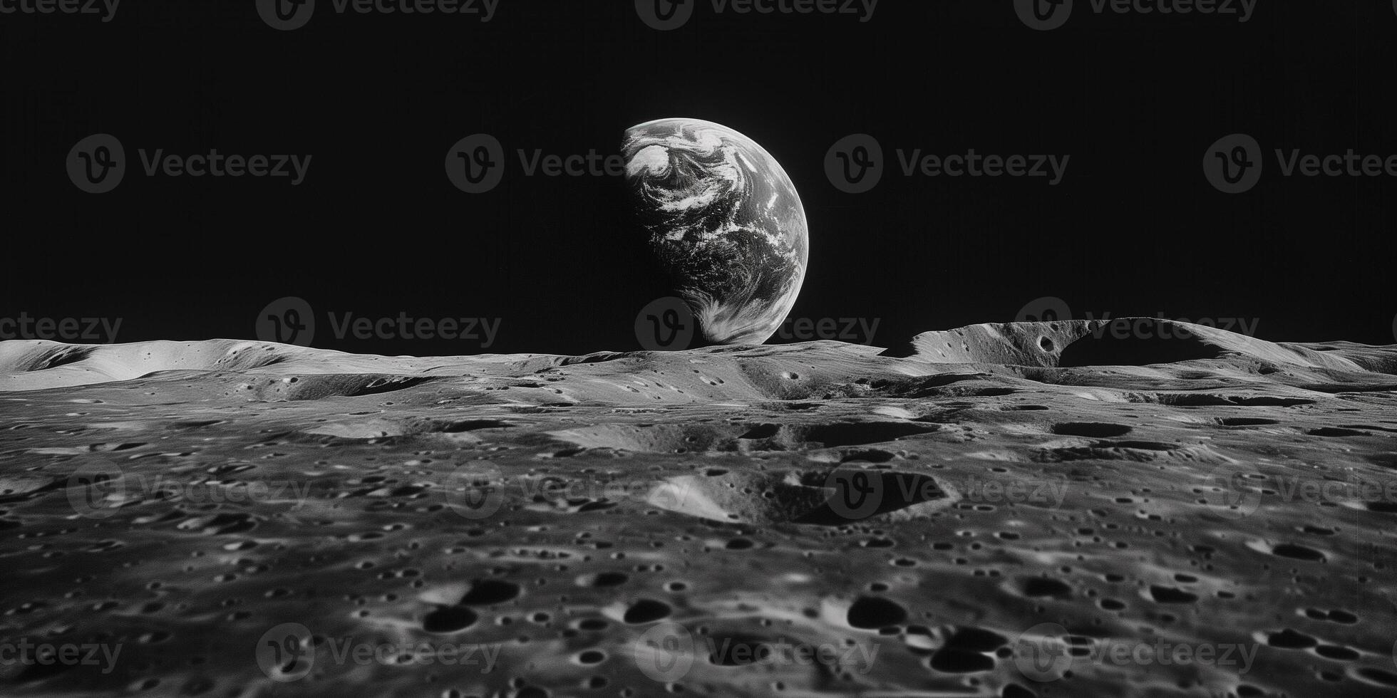 Barren, cratered surface of the Moon with Earth rising in the background, picture photo
