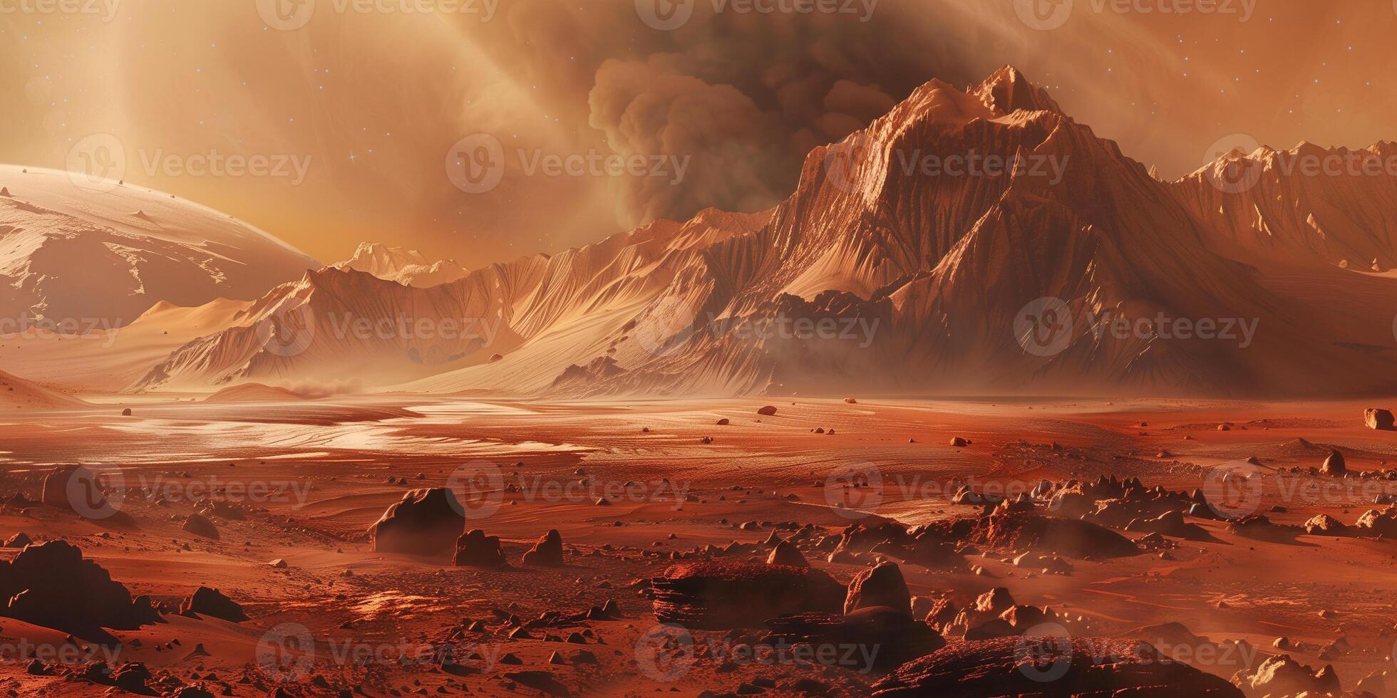 Surface of Mars showing red rocky terrain, dusty plains, and Olympus Mons, picture photo