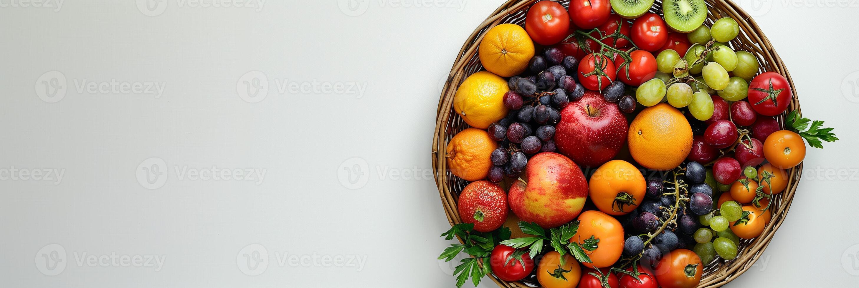 Basket filled with fresh fruit, vegetables, and herbs from a farmers market on a white background, photo