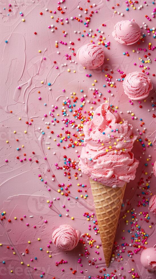 Top-down view of empty pastel pink table with scattered ice cream sprinkles, photography photo