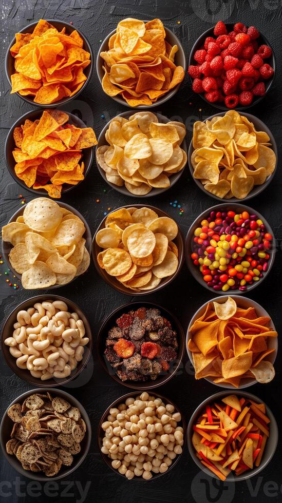 Various snacks and chips in multitude of elements, photography photo