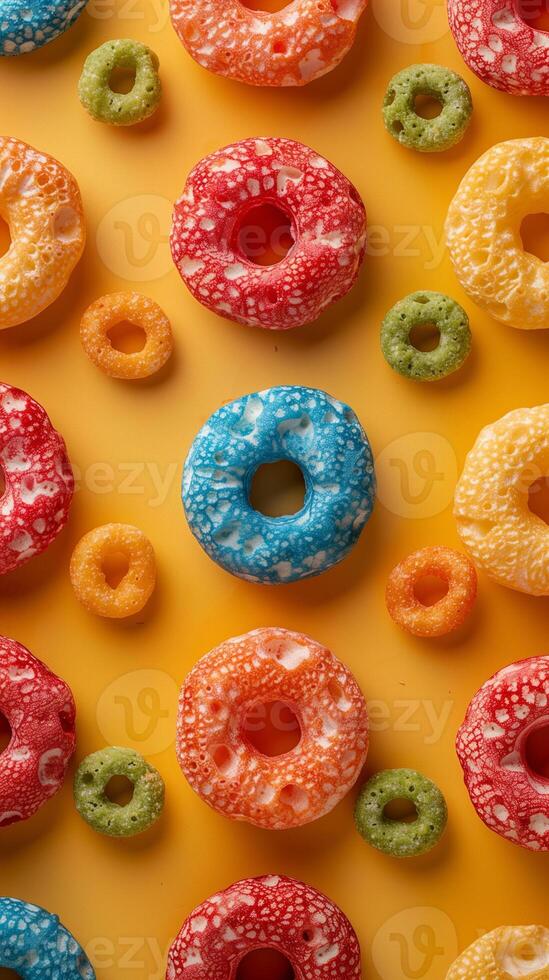 Top view shot of colorful cereal on plain background, photo
