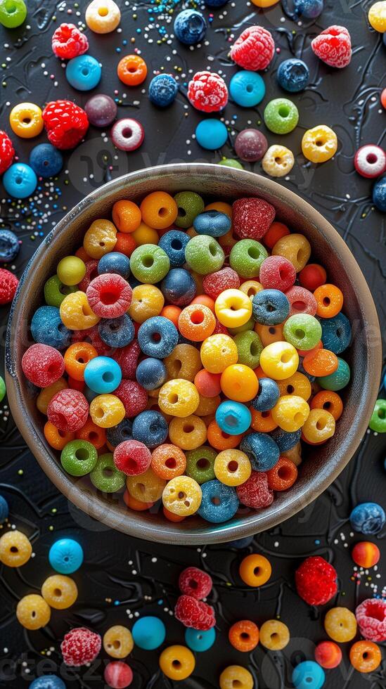 Top view shot of colorful cereal on plain background, photography photo