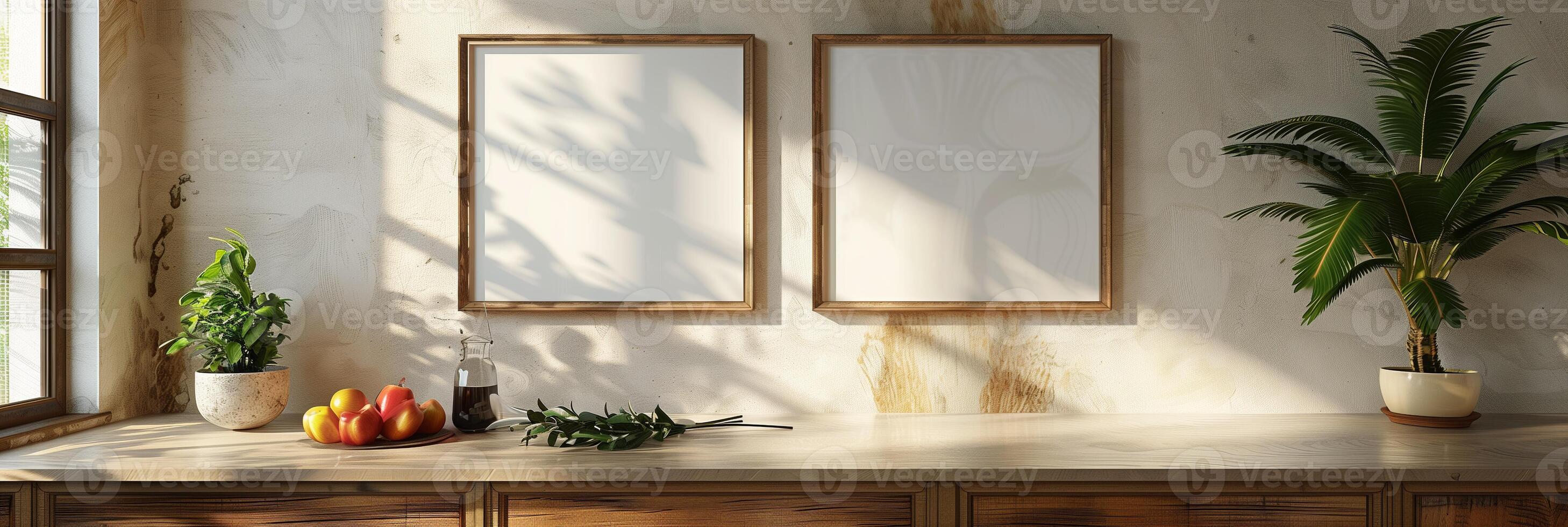 Two empty white posters with wooden frames in a rustic home kitchen with warm colors, picture photo