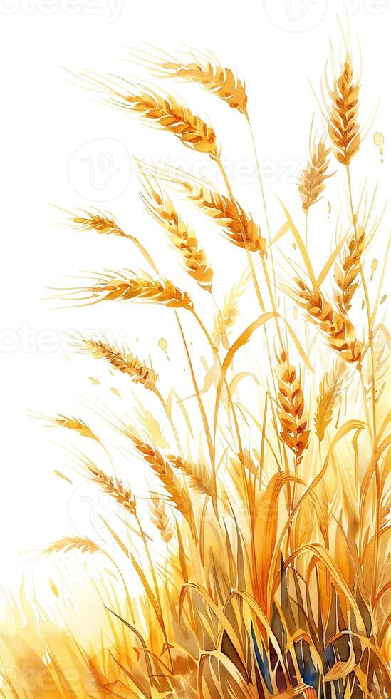 Wheat stalks with a white background, frontal view, photography photo