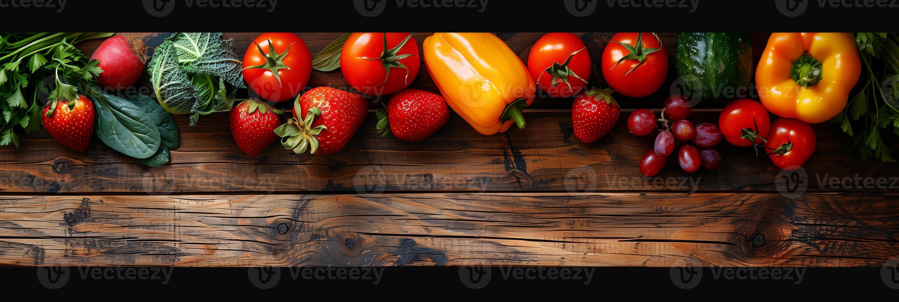 Vegetables and fruits on the lower right side, flat lay on a wooden table, minimalist, photorealistic photo
