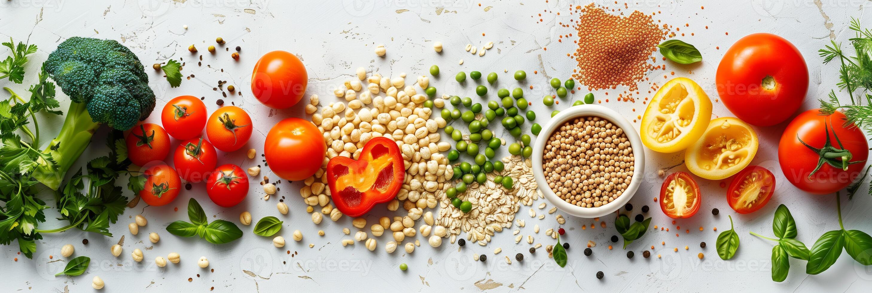 Vegetables, fruits, and grains on a white table, top view, picture photo
