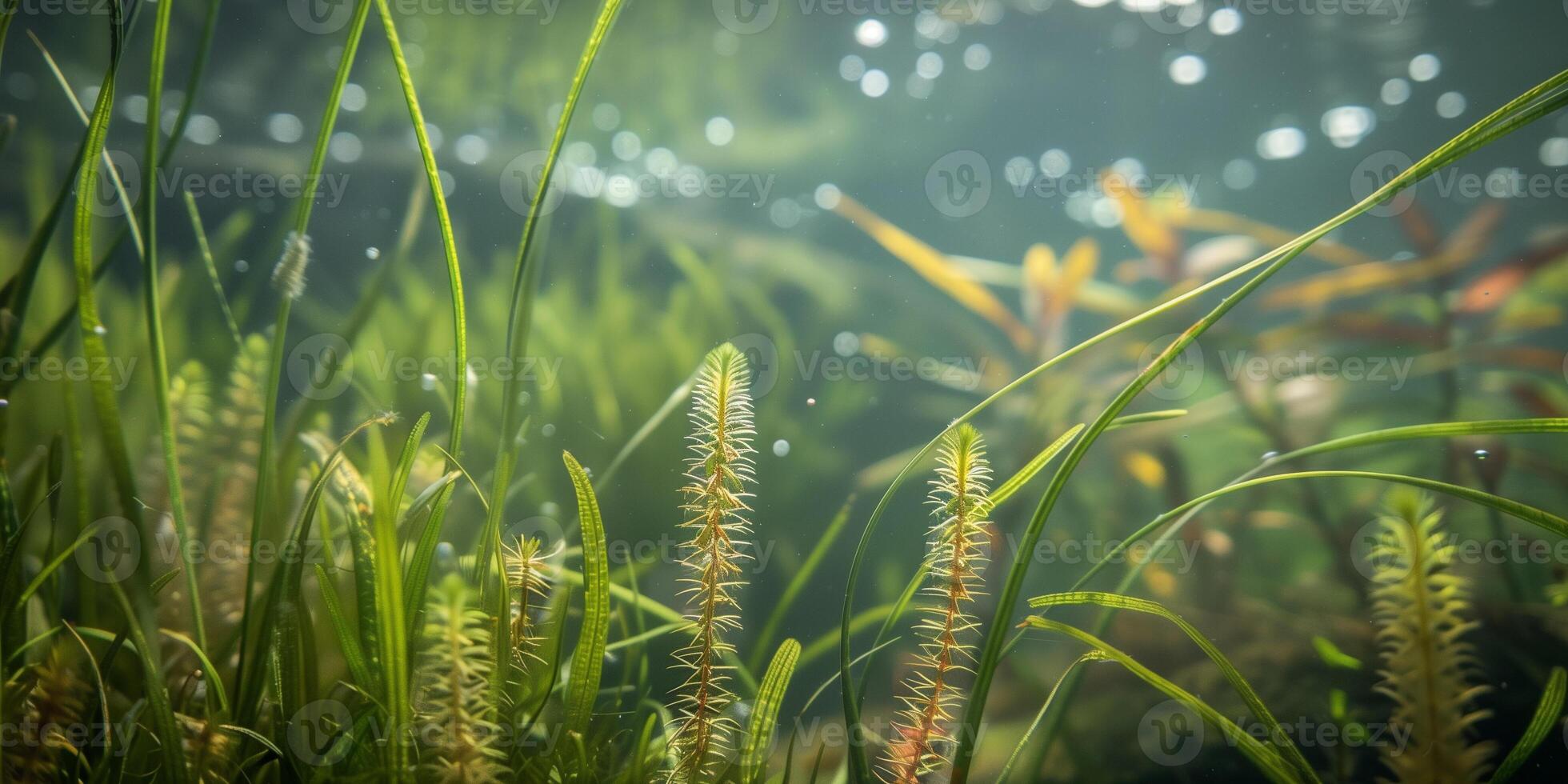 Delicate, thin tendrils extending from base of aquatic plants towards water surface, photography photo