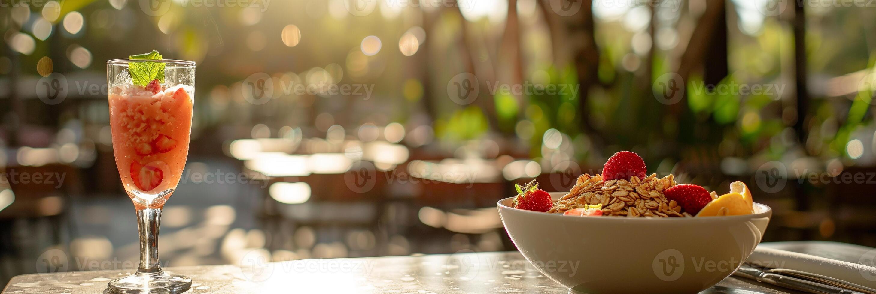 Warm Sunshine Hotel outdoor restaurant with strawberry oatmeal photo, photo