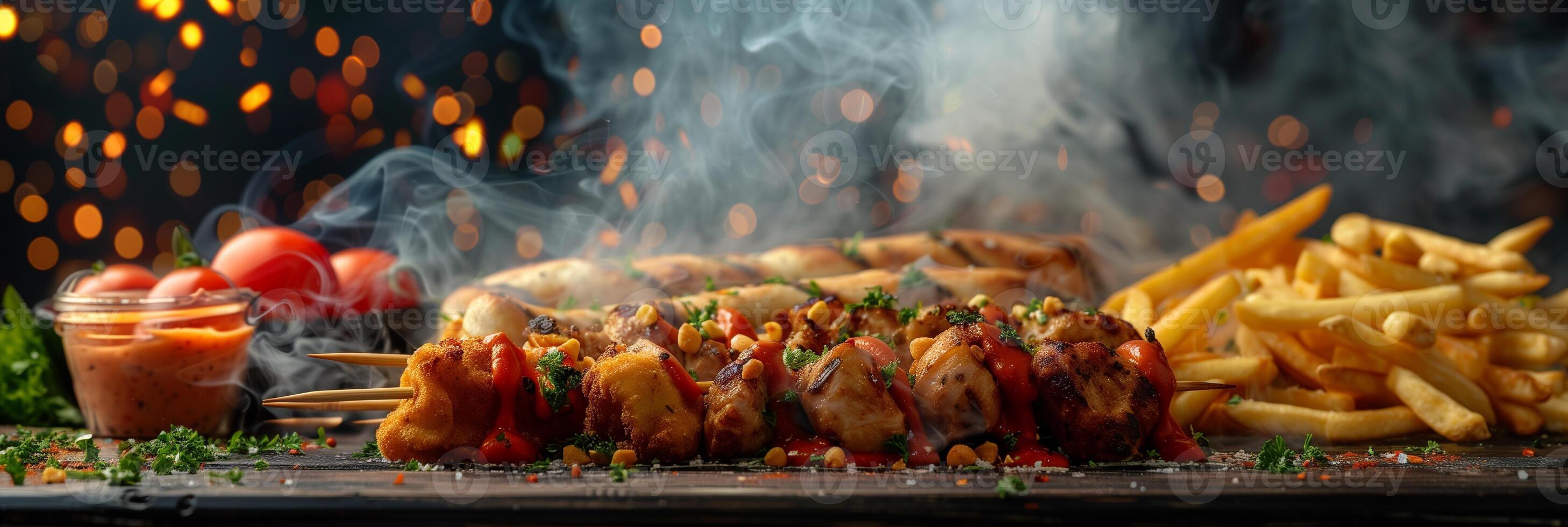 Wallpaper with smoke, kebab, chicken nuggets, and french fries, realistic, black background, photography photo